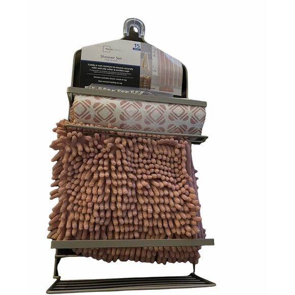 Mainstays Shower Set Caddy 15pc Rug Pink Curtain Rug Hooks Bathroom Accessories - Picture 1 of 10